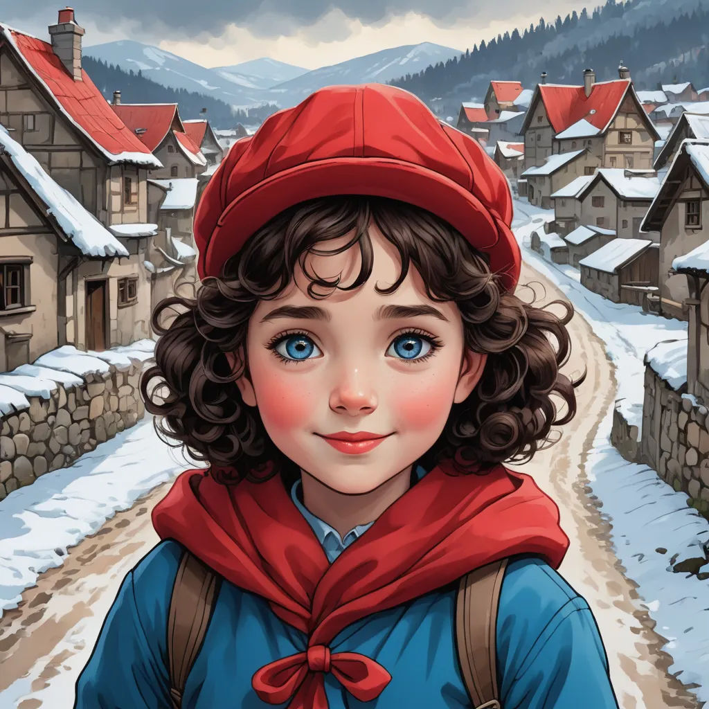 a painting of a young girl in a red hat and blue shirt in a snowy village with houses and mountains, fantasy art, a storybook illustration, Claire Falkenstein, trending on art station