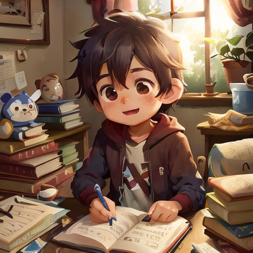 a boy sitting at a desk with a book and pen in his hand and a stuffed animal on the desk