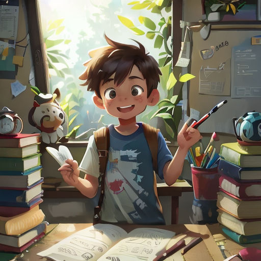 a boy is holding a pen and a book in his hand and standing in front of a pile of books