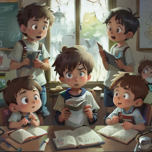 a group of children sitting at a table with books in front of them and one boy reading a book