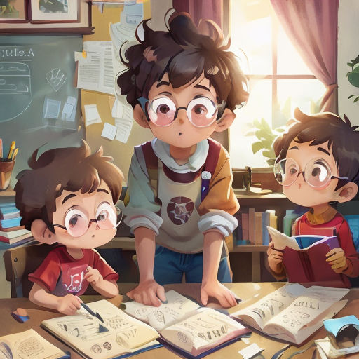 a group of children sitting at a table with books and a book bag on it, reading a book