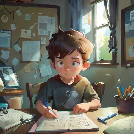 a boy sitting at a desk with a book and pen in his hand and papers on the desk behind him