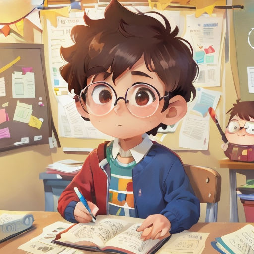 a boy sitting at a desk with a book and pen in his hand and another boy standing behind him