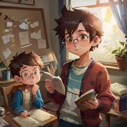 a boy and a boy are looking at a book together in a room with a window and a desk