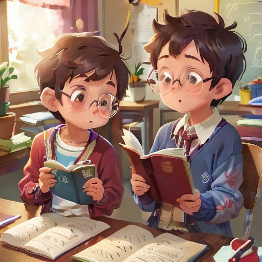 two children are reading books in a classroom together, one is wearing glasses and the other is wearing a sweater