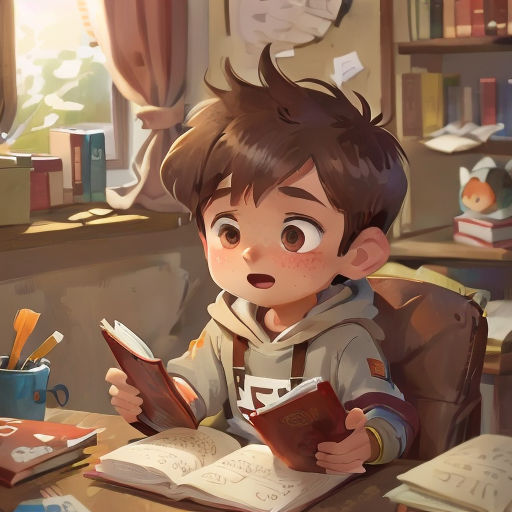 a boy sitting at a desk reading a book and holding a book in his hands and looking at the book