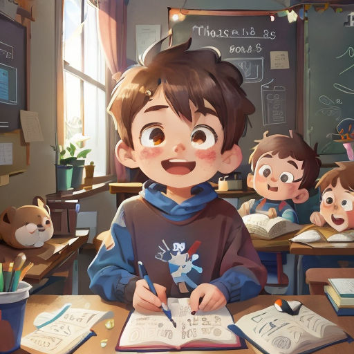 a boy is sitting at a desk with a book and pencil in front of him and other children are looking on