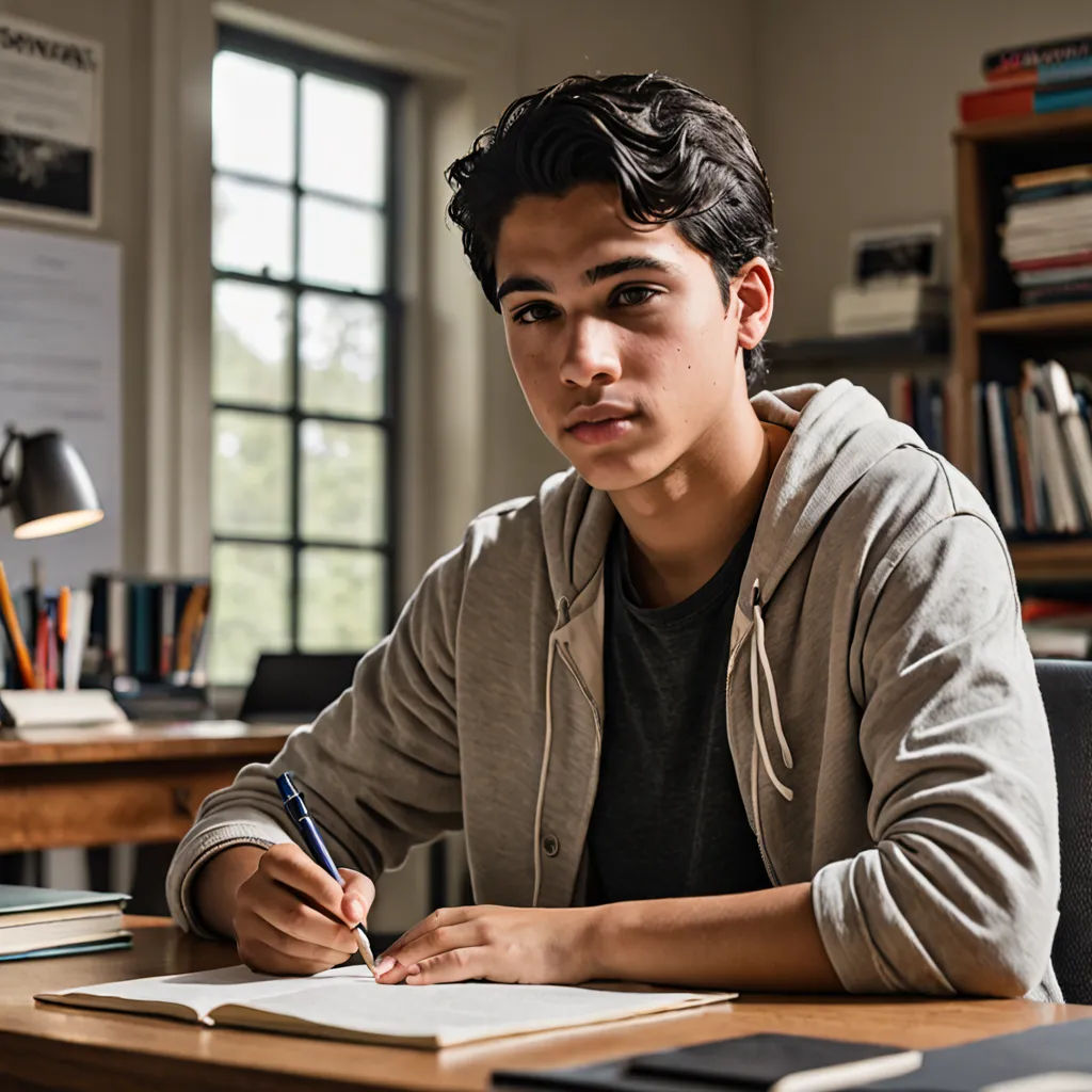 a young man sitting at a desk with a pen and paper in his hand and a book on the desk, heidelberg school, a stock photo, Armin Hansen, promotional image