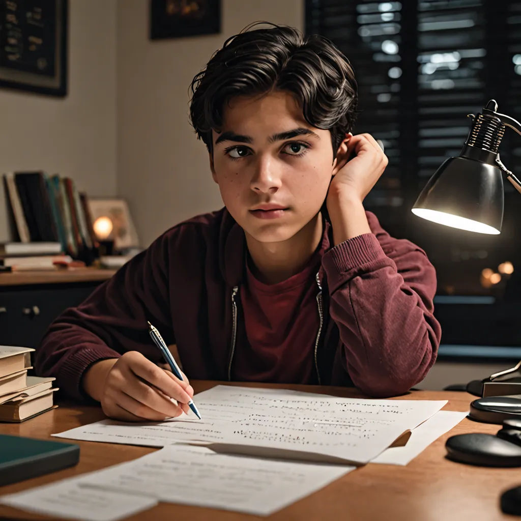 a young man sitting at a desk with a pen and paper in front of him and a lamp on the side, barbizon school, a character portrait, Armin Hansen, promotional image