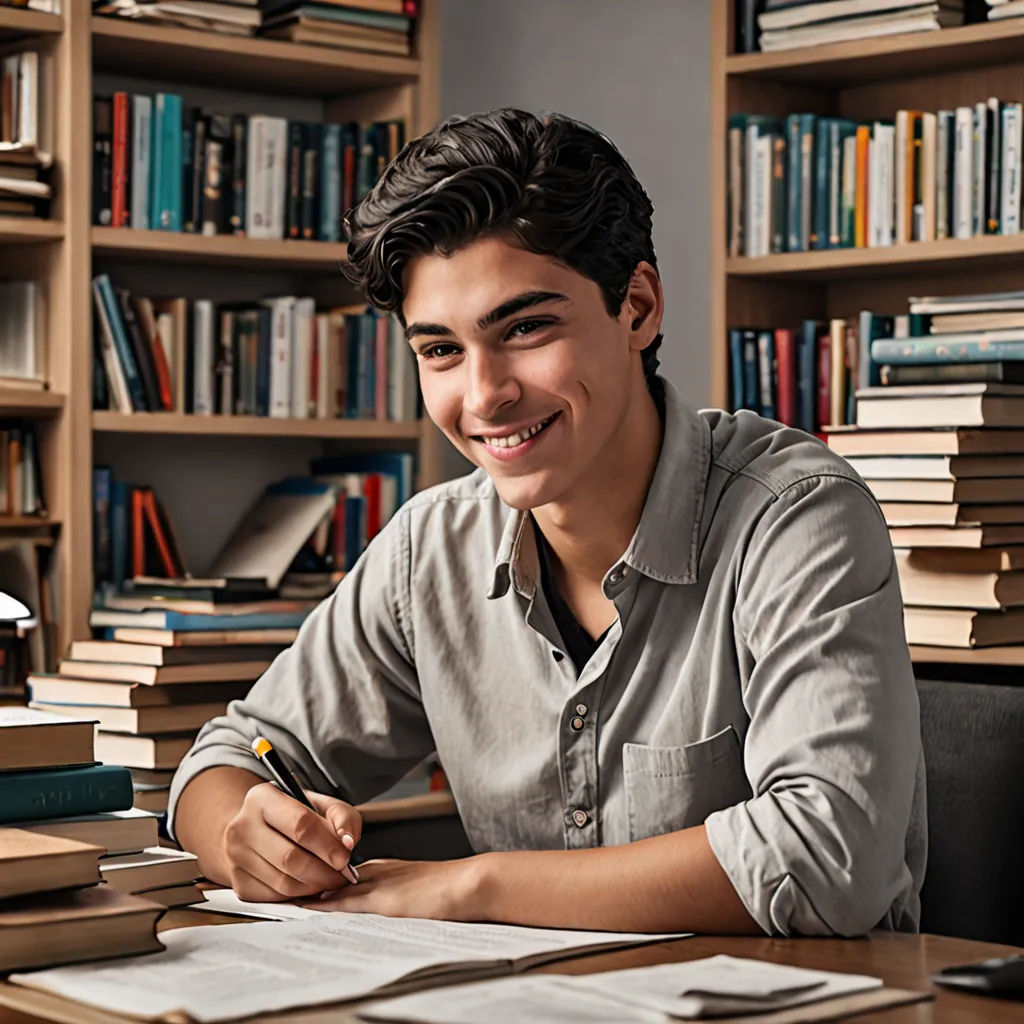 a man sitting at a desk with a pen and paper in front of a bookcase full of books, academic art, a stock photo, Dan Content, studio portrait