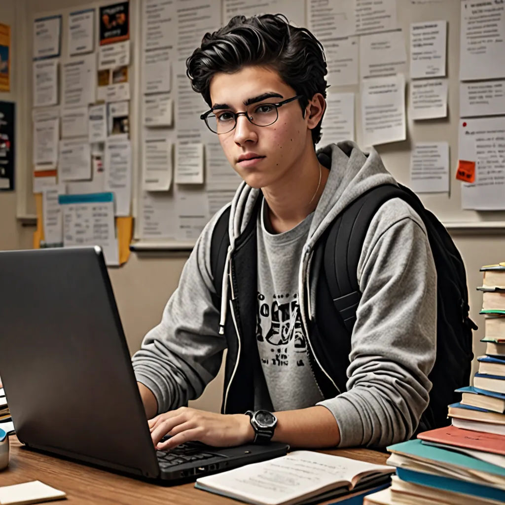a young man sitting at a desk with a laptop computer in front of him and a stack of books behind him, computer art, computer graphics, Anthony Angarola, promotional image