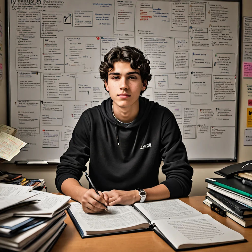 a young man sitting at a desk with a bunch of papers on it and a bunch of books on the desk, academic art, a character portrait, Anthony Angarola, professional photo