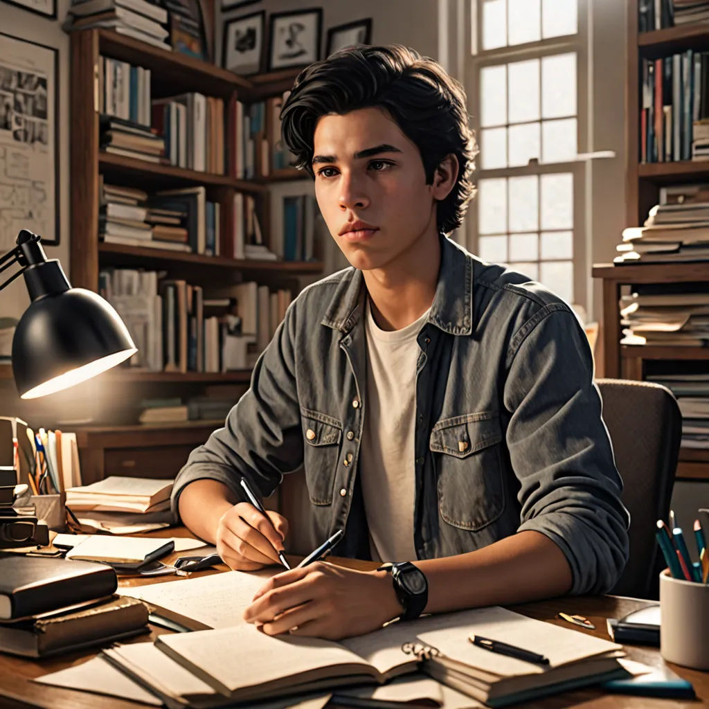 a man sitting at a desk with a book and pen in his hand and a lamp on top of it, academic art, a character portrait, Everett Warner, promotional image