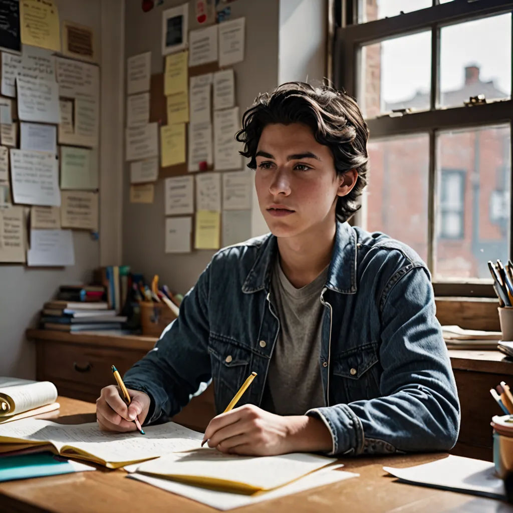 a young man sitting at a desk with a pen and paper in his hand and papers on the desk, academic art, a stock photo, David Budd, hard focus