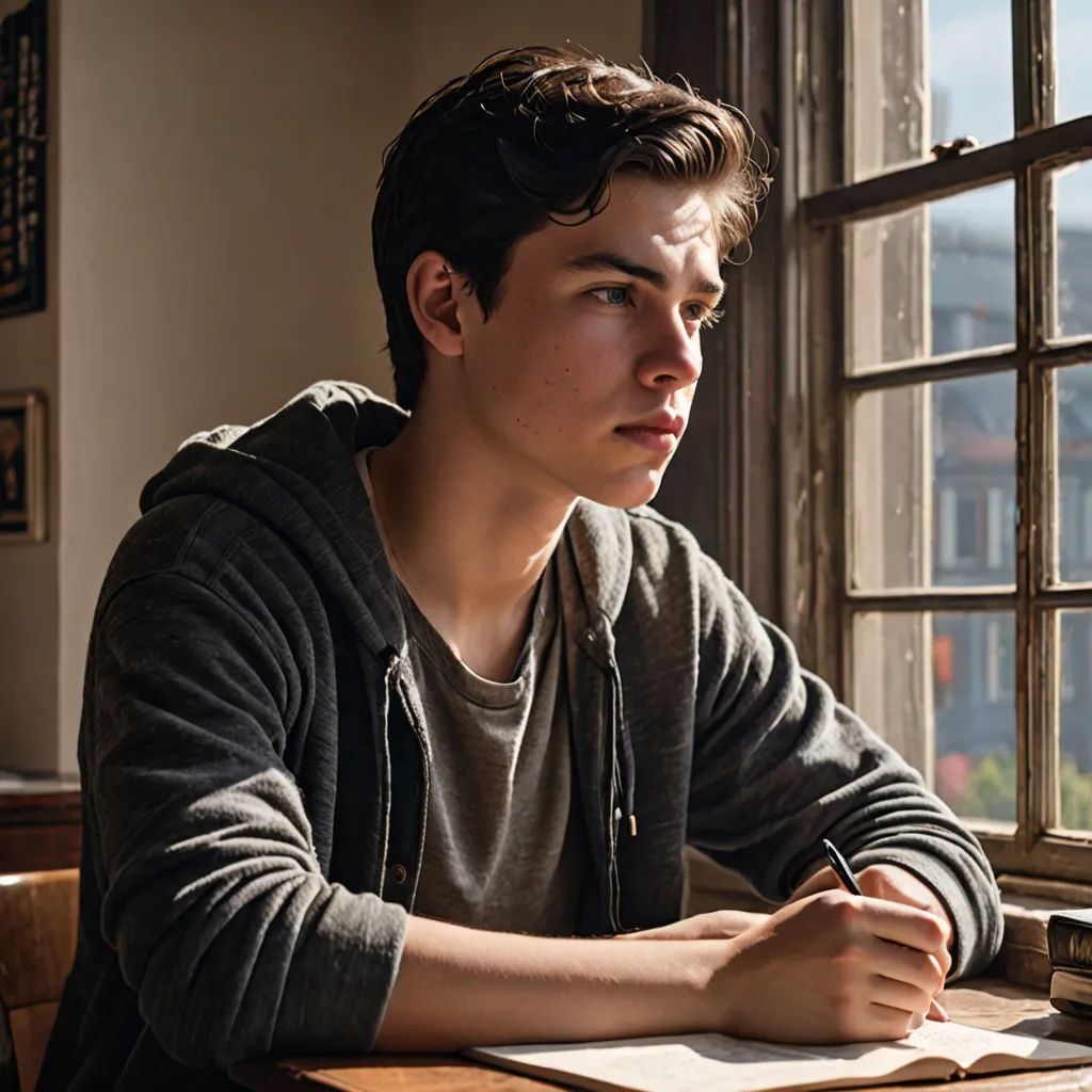 a young man sitting at a table writing on a piece of paper with a pen in his hand and looking out of a window, heidelberg school, a character portrait, Armin Hansen, promotional image