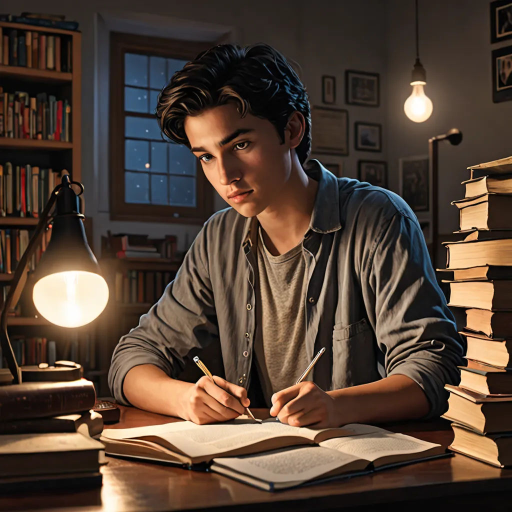 a young man is sitting at a desk with a book and pen in his hand and a lamp on the desk, academic art, a character portrait, Adam Dario Keel, promotional image