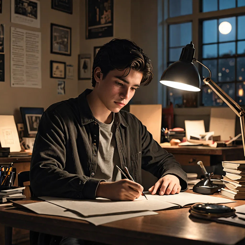 a young man is sitting at a desk writing on a piece of paper and a lamp is on the wall, academic art, a comic book panel, Everett Warner, promotional image