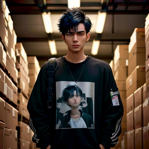 a man standing in a room with boxes on the floor and a picture on his shirt on his chest
