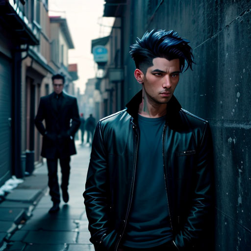 a man standing next to a wall on a sidewalk next to a building with a man in a black jacket