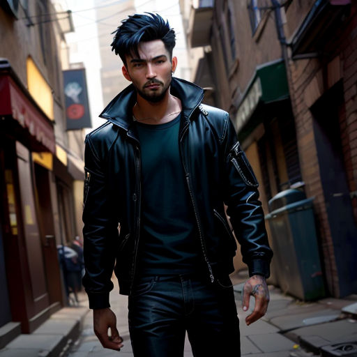 a man in a black leather jacket walking down a street in a city with buildings in the background and a sign on the side of the street