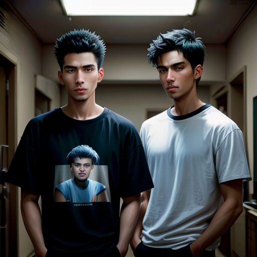 two young men standing next to each other in a hallway with a skylight above them and a mirror above them
