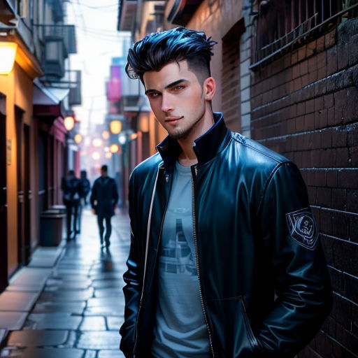 a man standing on a sidewalk in a alley way wearing a leather jacket and jeans and a t - shirt