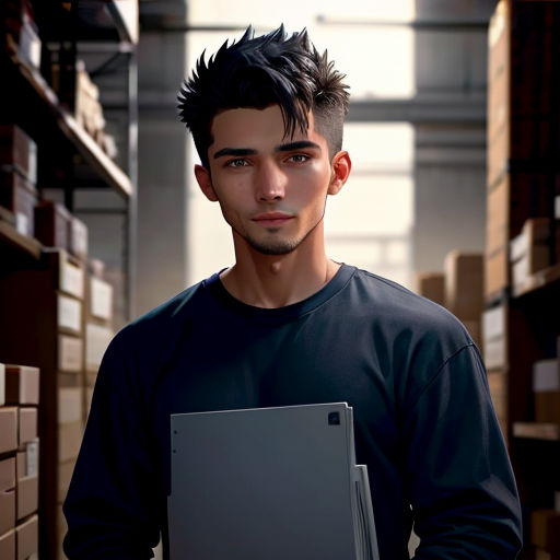 a man holding a laptop in a warehouse with boxes on the shelves behind him and a clipboard in his hand