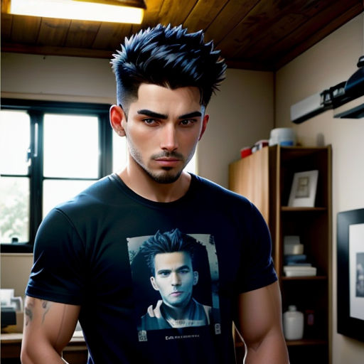 a man with a black shirt and a black haircut standing in a room with a window and a book shelf