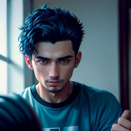 a man with a blue shirt and a black haircut looks at another man with a blue shirt and a black haircut