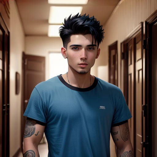 a man with a mohawk standing in a hallway with a blue shirt on and a black haircut on