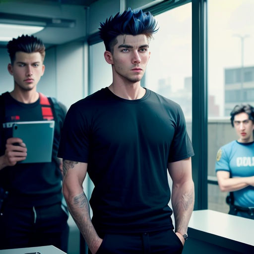 a man with a black shirt and a man with a blue shirt and a man with a black shirt