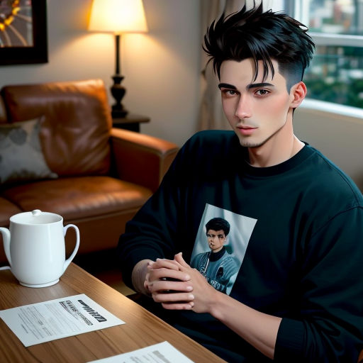 a man sitting at a table with a coffee cup and a photo of himself on it in front of a window