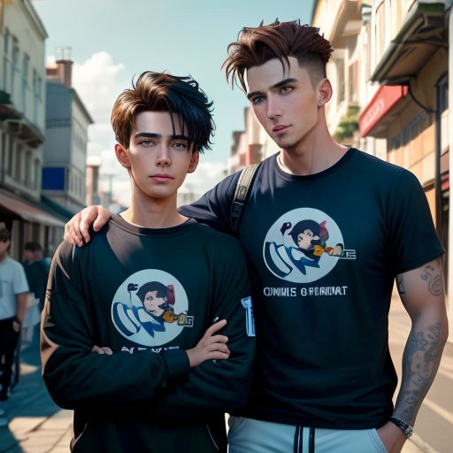 two young men standing next to each other on a street corner with buildings in the background and one man with a pen in his hand