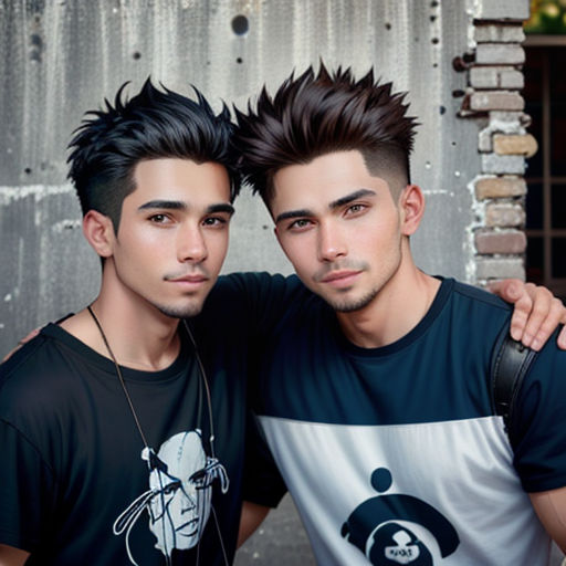 two young men posing for a picture together in front of a building with graffiti on it and a graffiti wall behind them