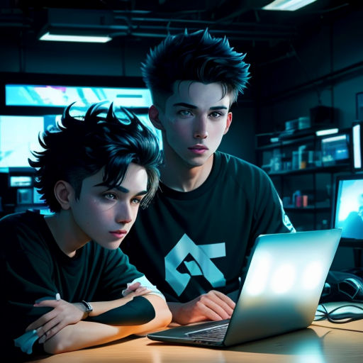 two people are looking at a laptop screen in a dark room with a television in the background and a television screen in the foreground