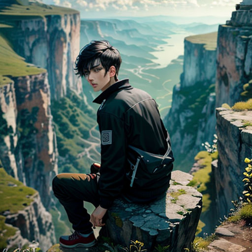 a man sitting on a cliff overlooking a valley and mountains with a river running through it and a valley in the distance