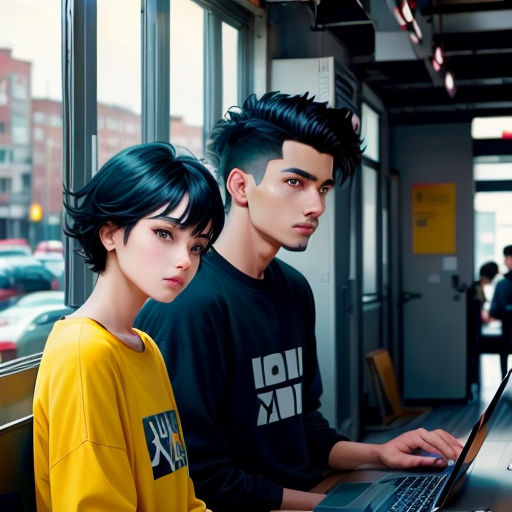a man and a woman sitting at a table with a laptop computer in front of them, both looking at the screen