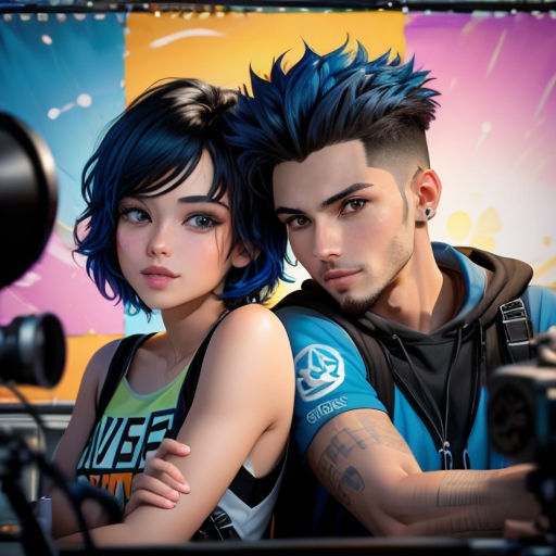 a couple of people that are sitting together in front of a camera set up for a video game scene