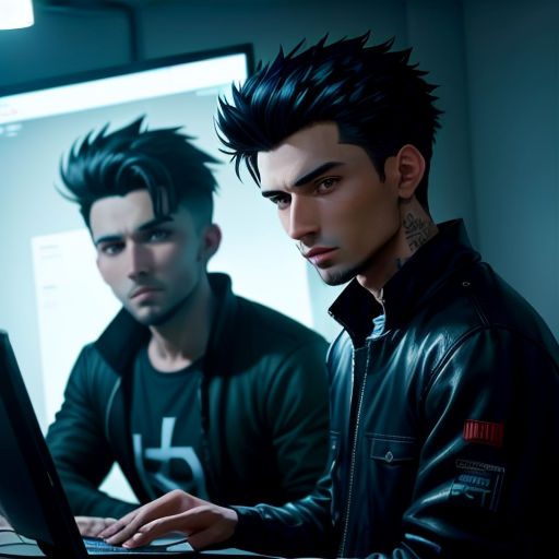 two men are looking at a computer screen in a room with a large screen behind them and one is typing on a laptop