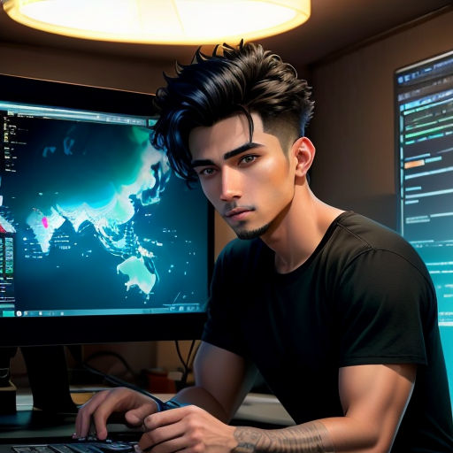 a man sitting in front of a computer monitor with a keyboard and mouse in front of him and a monitor with a world map on it