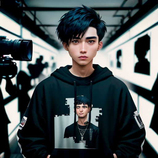 a man with a black hoodie and a camera in a hallway with white walls and black and white walls