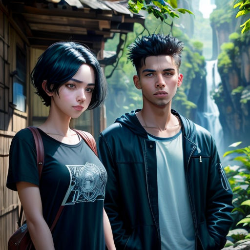 a man and a woman standing next to each other in front of a waterfall and a house with a waterfall in the background