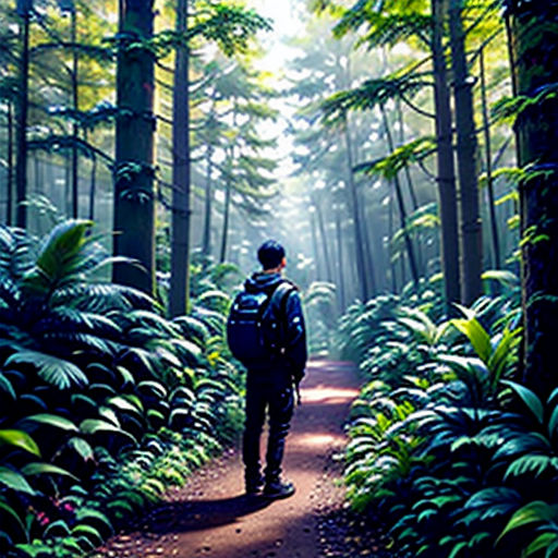 a man with a backpack walking through a forest of trees and ferns on a path in the sunlight with a trail leading through the trees