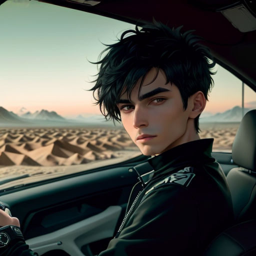 a man sitting in a car with a cigarette in his hand and a desert landscape in the background with mountains