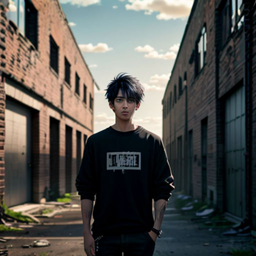 a man standing in an alley way with a black shirt on and a black and white shirt on his shirt