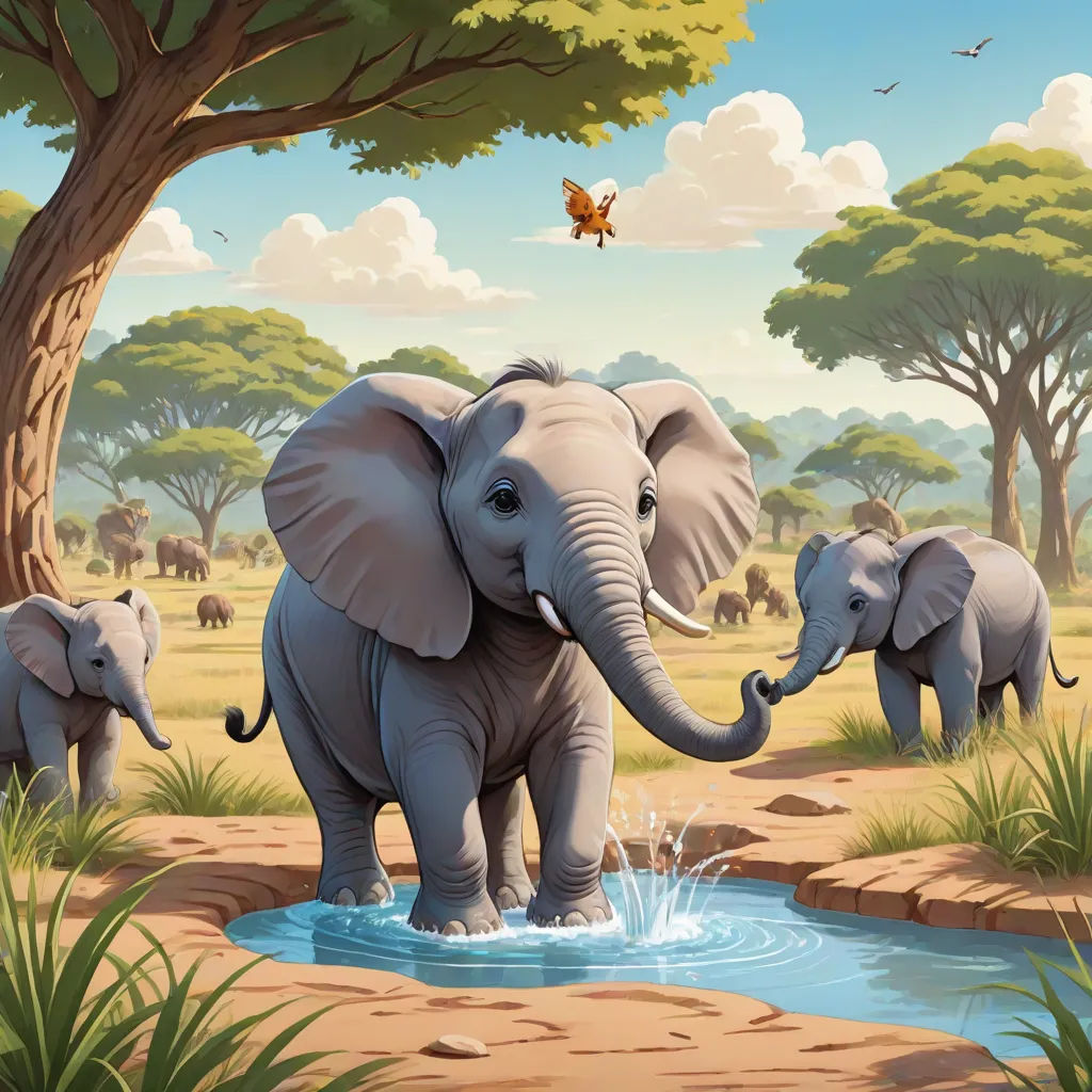 a painting of a family of elephants drinking water from a pond in a savanna setting with a butterfly flying above, Chris LaBrooy, fantastic realism, a storybook illustration, highly detailed digital painting