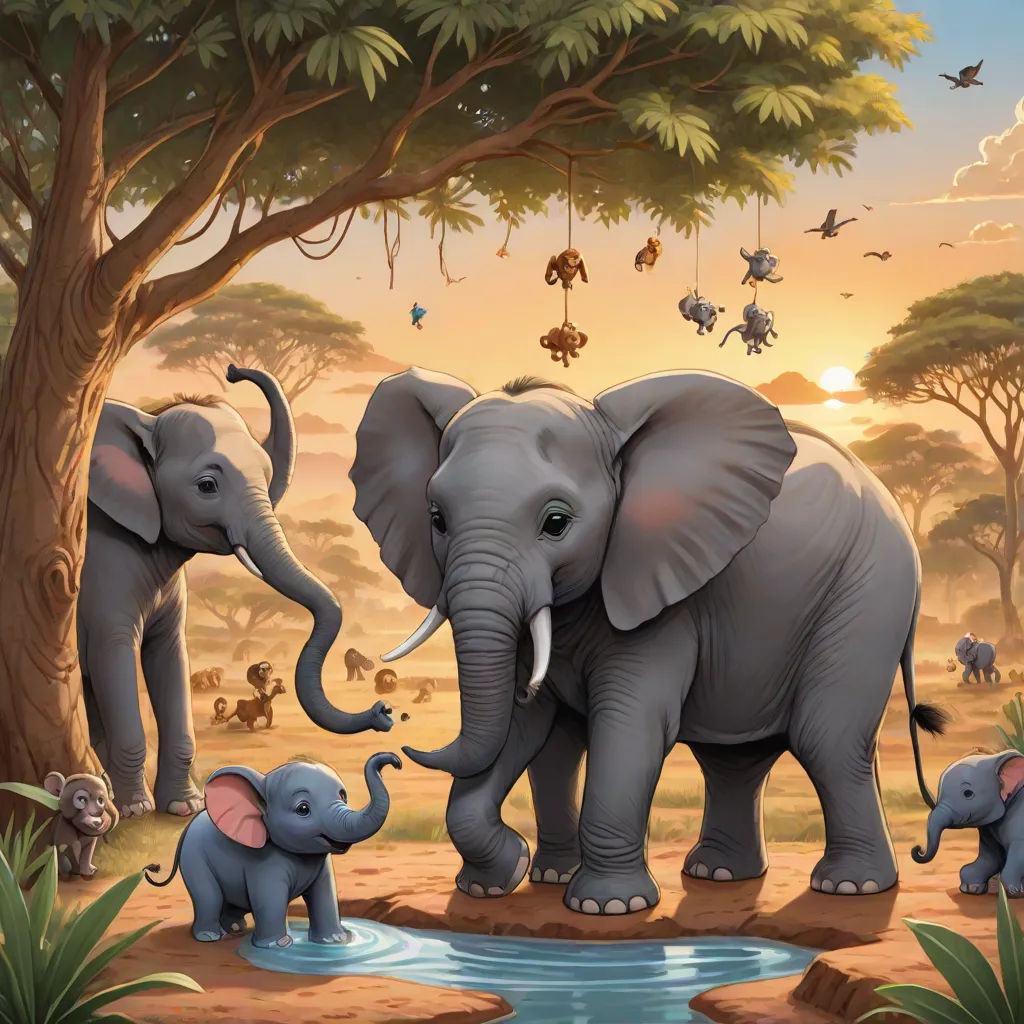 a painting of elephants in a jungle setting with a baby elephant in the foreground and a larger elephant in the background, Chris LaBrooy, sumatraism, a storybook illustration, highly detailed digital painting