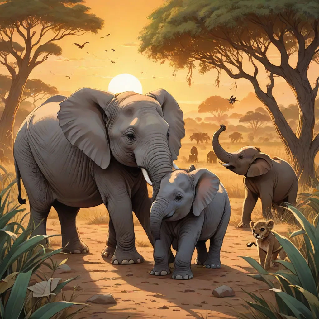 a painting of two elephants and a baby elephant in a jungle setting with a sunset in the background and a group of other elephants, Chris LaBrooy, fantastic realism, an airbrush painting, highly detailed digital painting