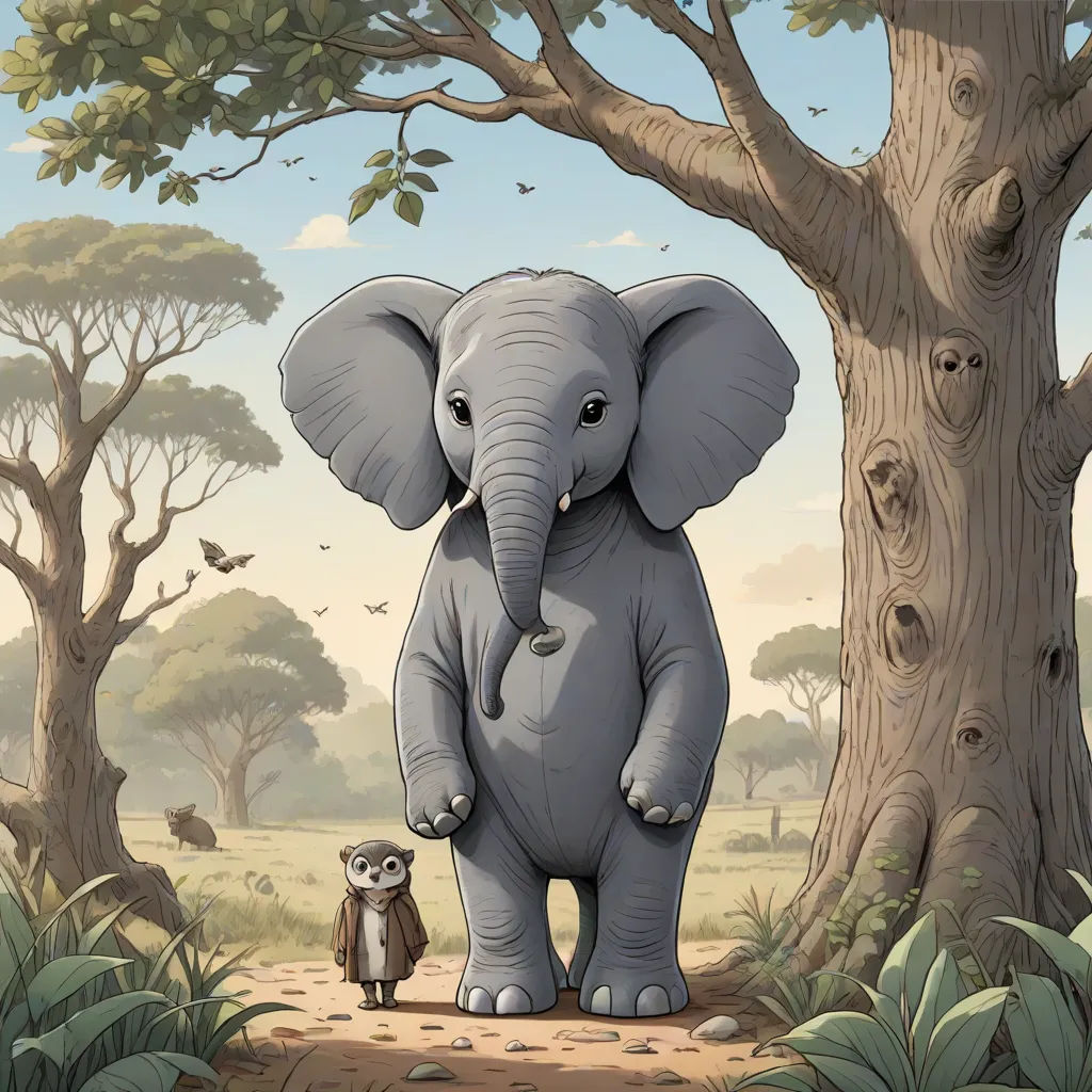 a large elephant standing next to a small elephant in a forest with trees and birds flying overhead and a baby elephant standing next to it, Chris LaBrooy, fantastic realism, a storybook illustration, storybook illustration