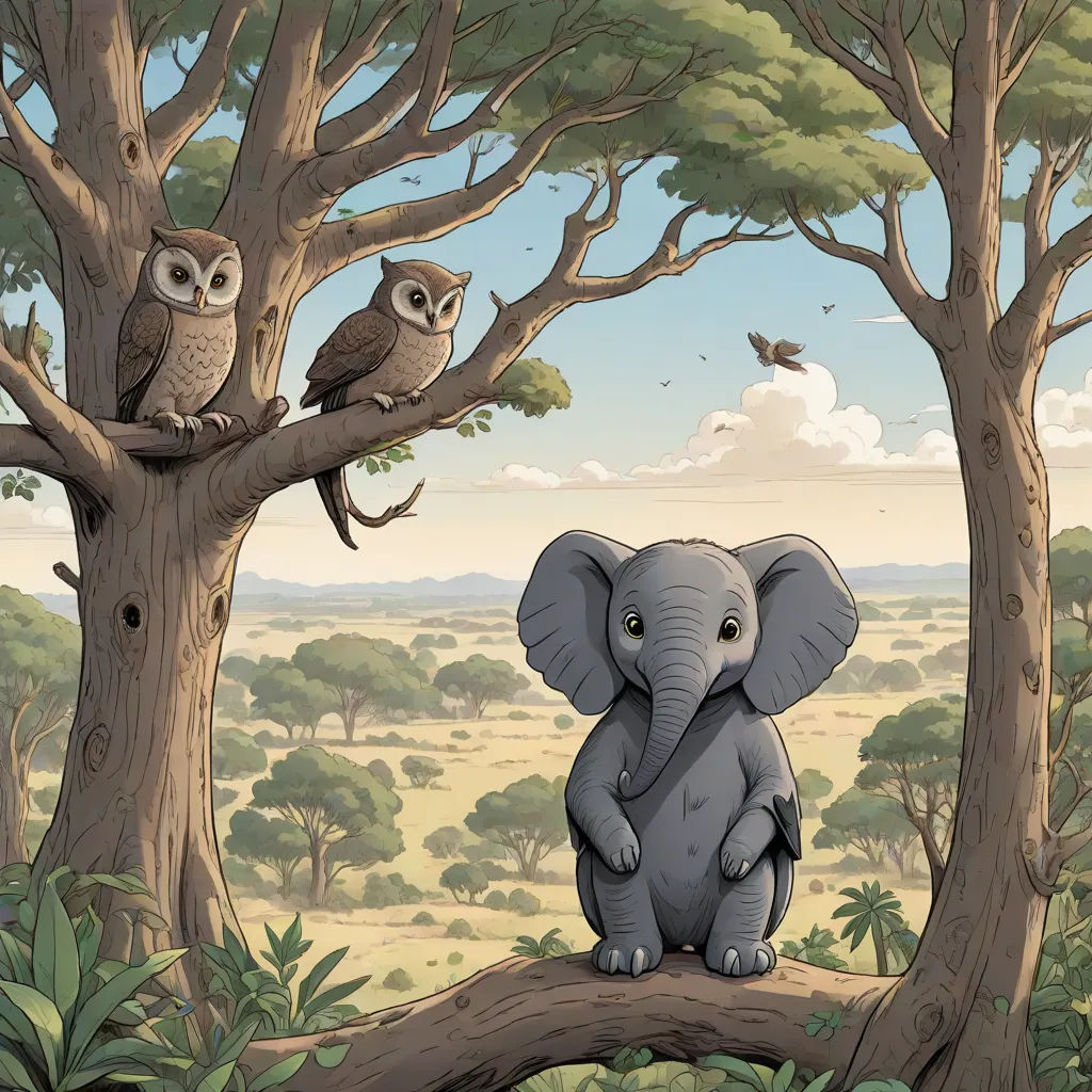 a painting of an elephant and two owls sitting on a tree branch in a forest with a sky background, Chris LaBrooy, pop surrealism, a storybook illustration, storybook illustration
